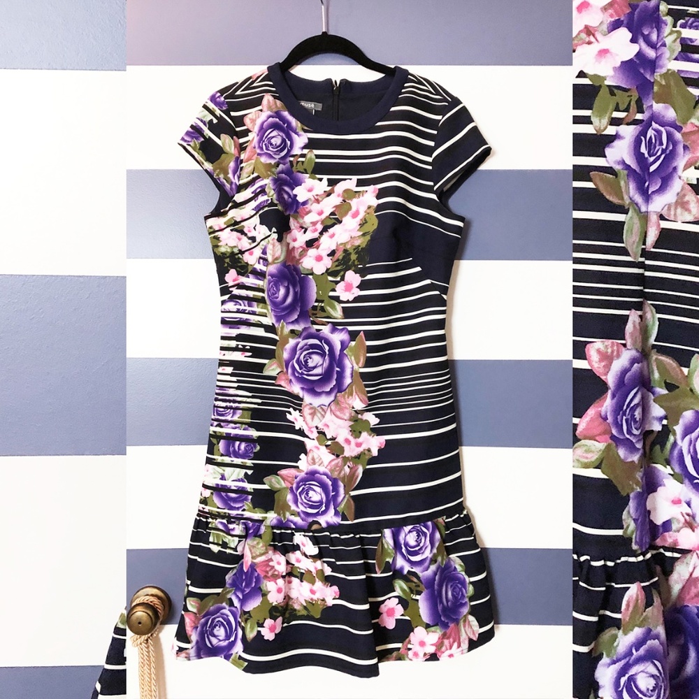 CUTE Black and White Striped Floral Drop Waist Dress with Ruffle MUSE Women's M